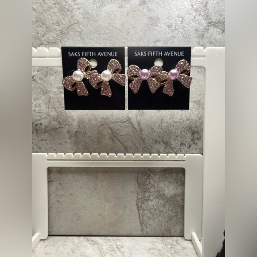 Saks Fifth Avenue Pink and White Bow Earrings Push Backs Bundle of Two